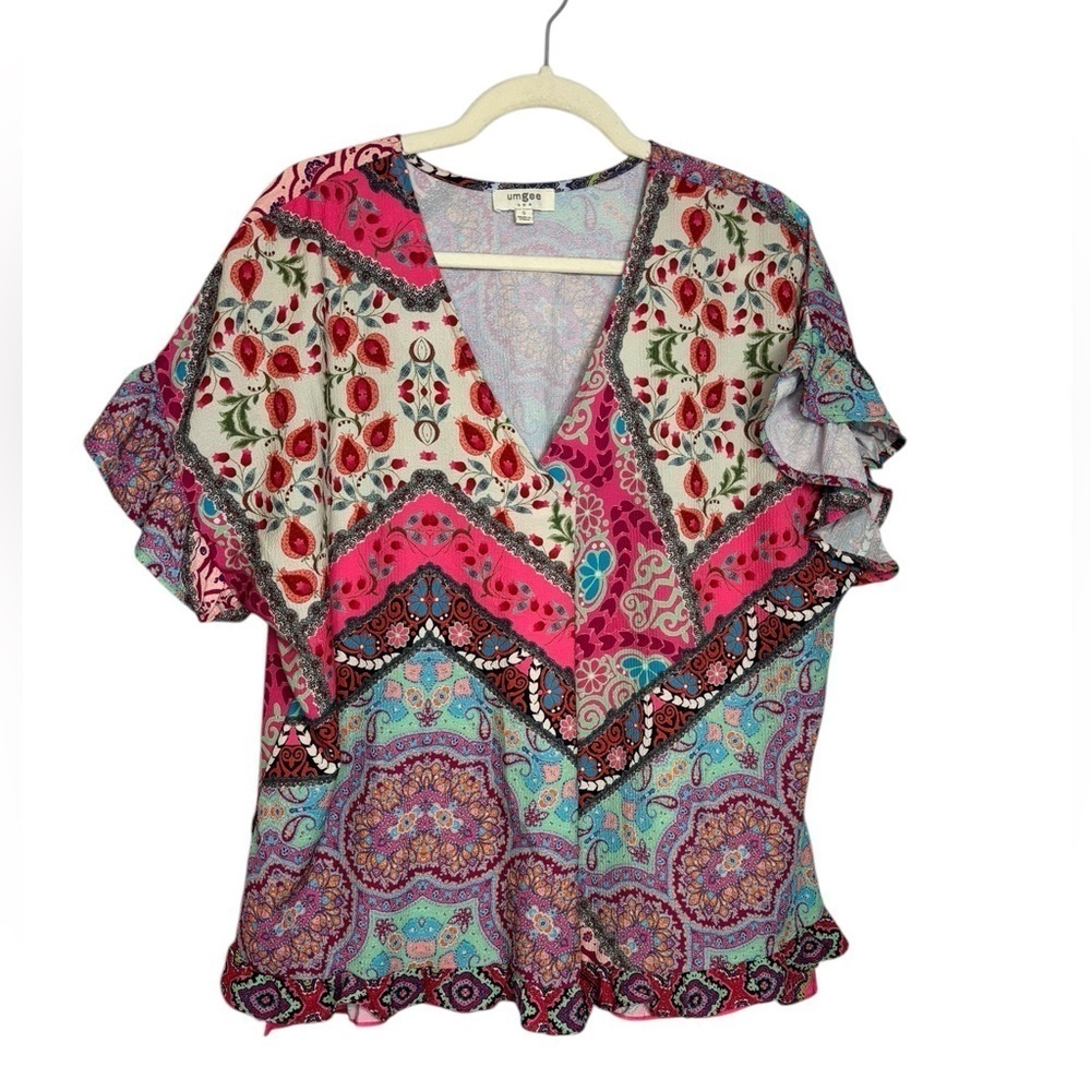 Umgee Boho Multiprint Patchwork Short Sleeve Top Size Small